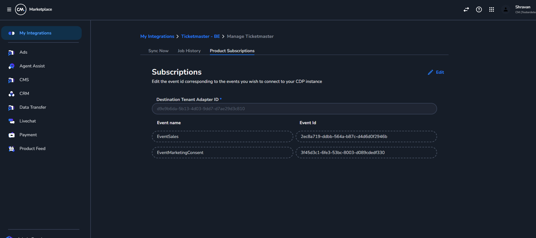Completed Ticketmaster Product Subscription