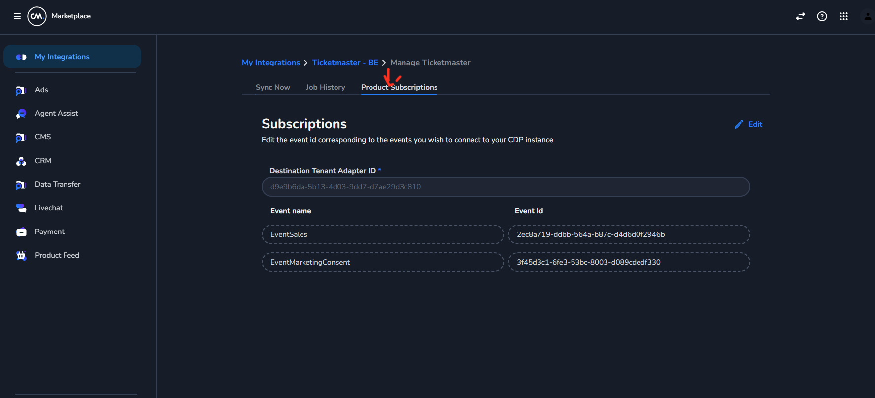 Product Subscriptions tab with Product Id field