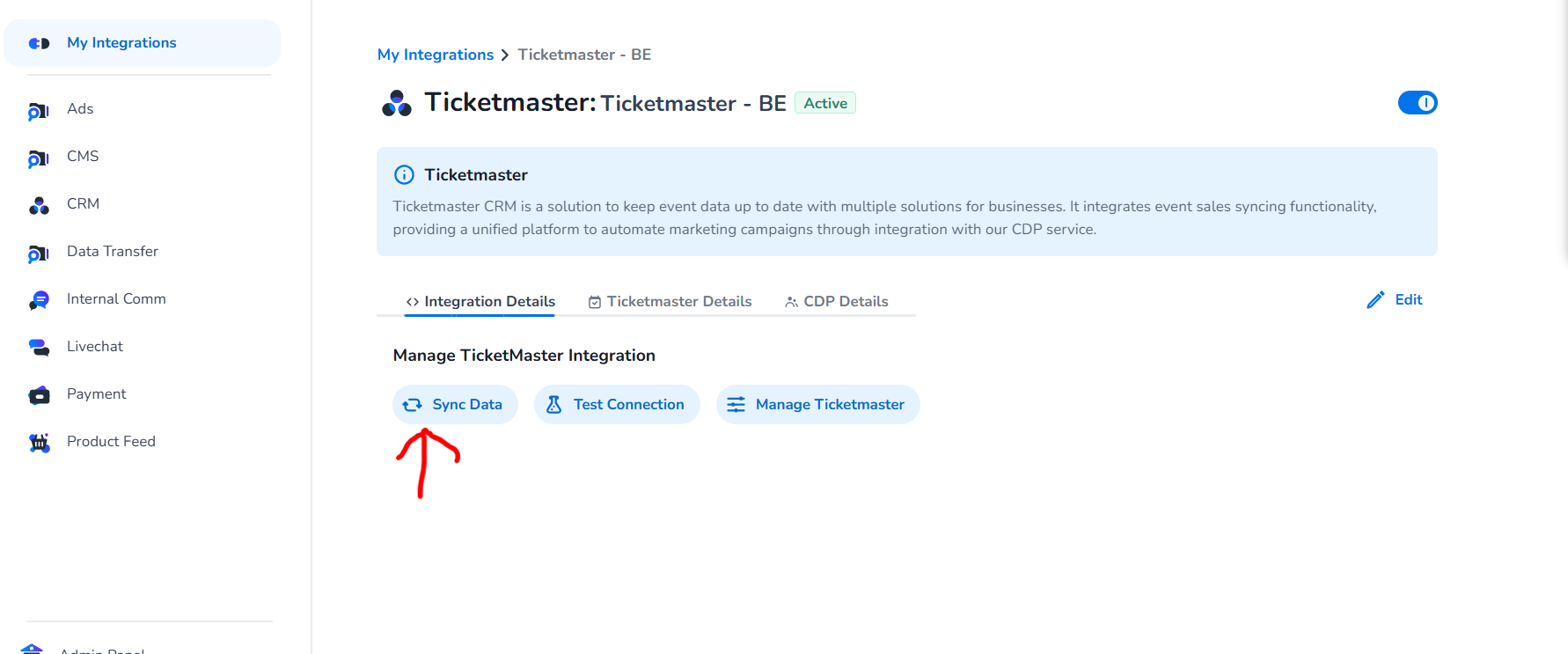 Ticketmaster scheduled sync Sync Data button