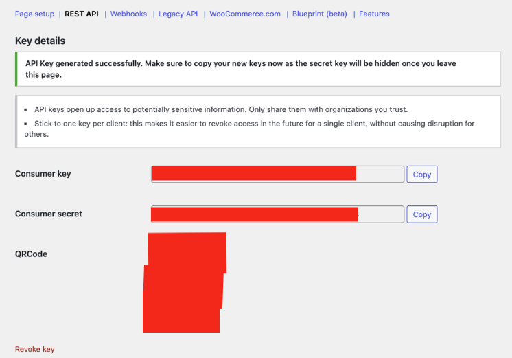WooCommerce Consumer Key and Consumer Secret after generating the API key