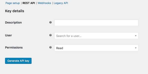 WooCommerce API key Description, User and Permissions fields