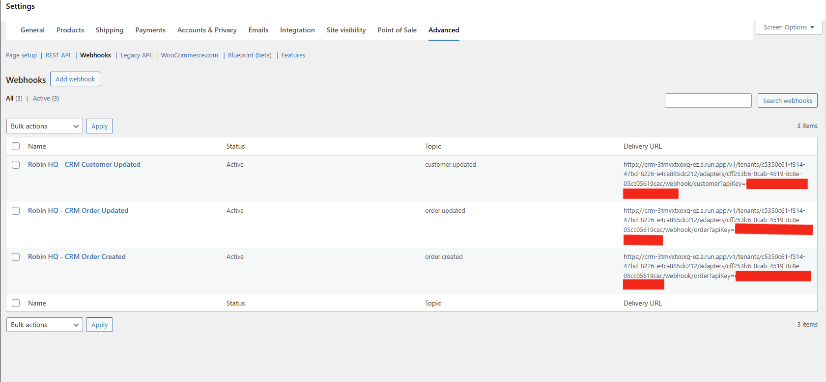 WooCommerce Settings > Advanced > Webhooks menu