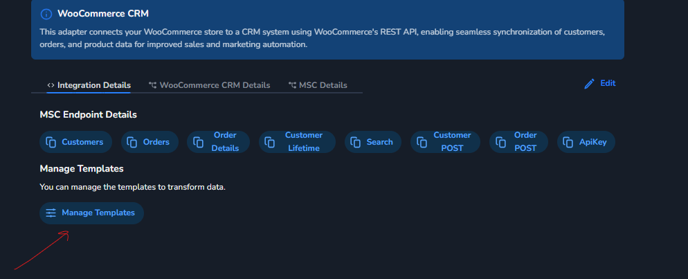 Manage Templates button under MSC Endpoint Details