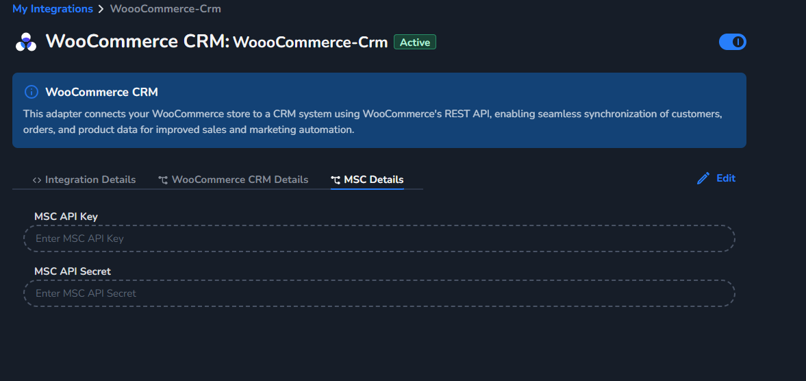 MSC Details tab with MSC API Key and MSC API Secret fields