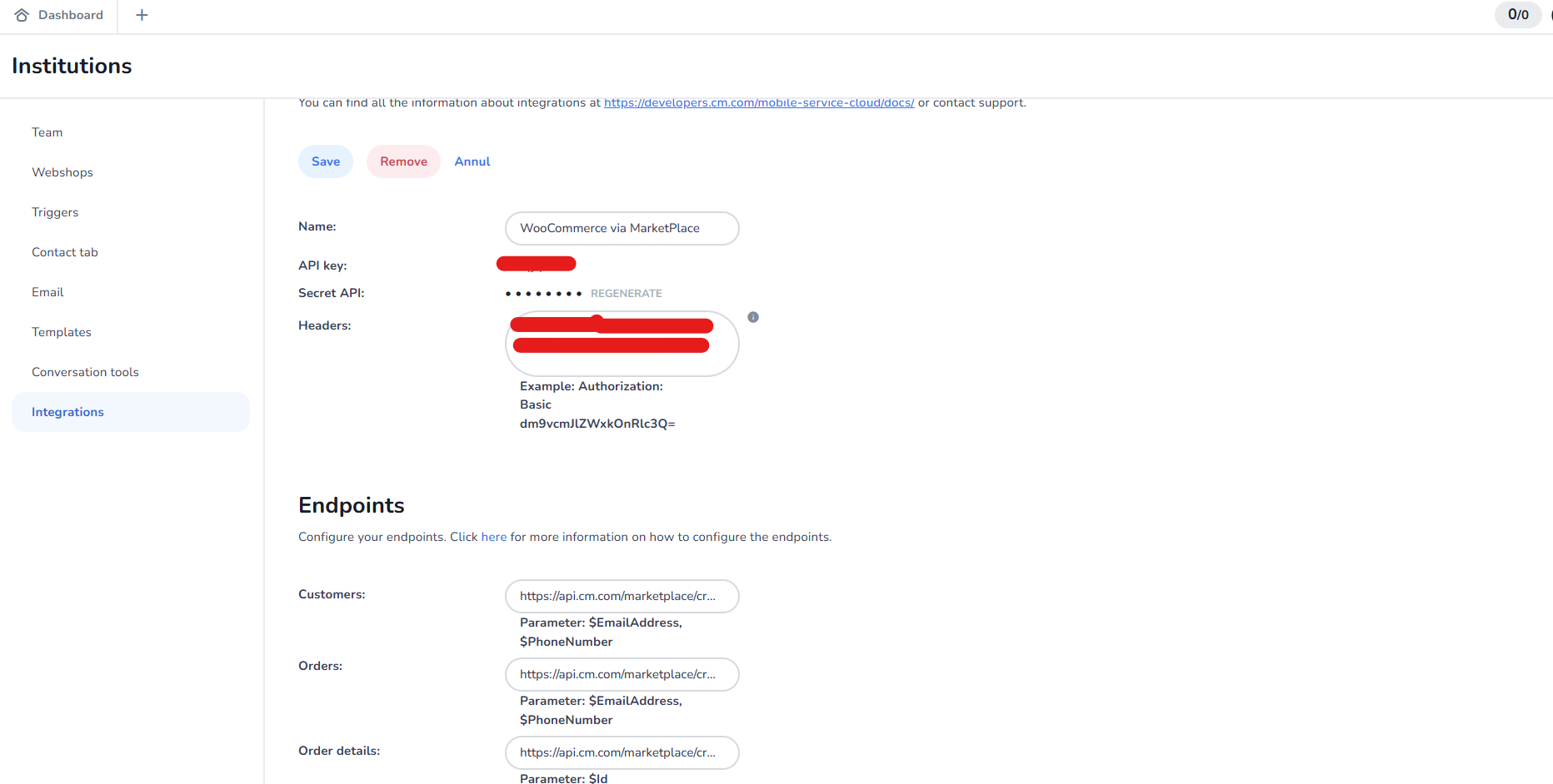 Robin Portal Integration Details section