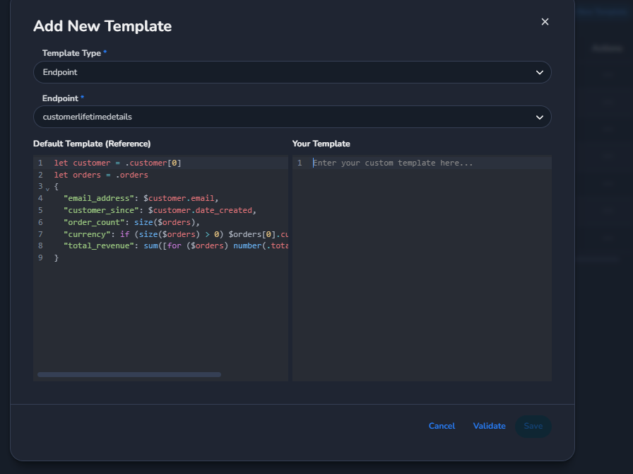 Add New Template dialog showing the Default Template and Your Template editors side by side