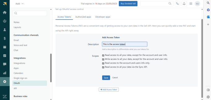 Zendesk Sales Access Token generated under OAuth integrations