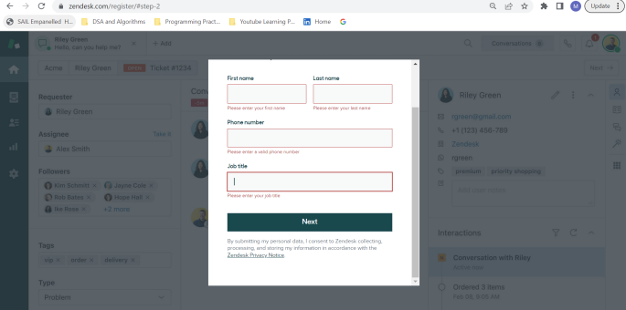 Zendesk Sales free trial email signup form