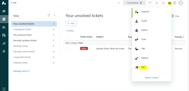Sell option to access the Zendesk Sales CRM