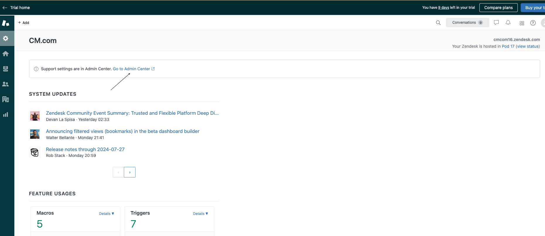 Go to Admin Center option in the Zendesk Dashboard settings
