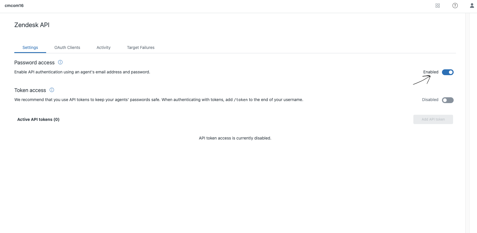 Password Access toggle in the Zendesk API Settings tab