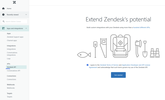 Apps and Integration > APIs > Zendesk API menu